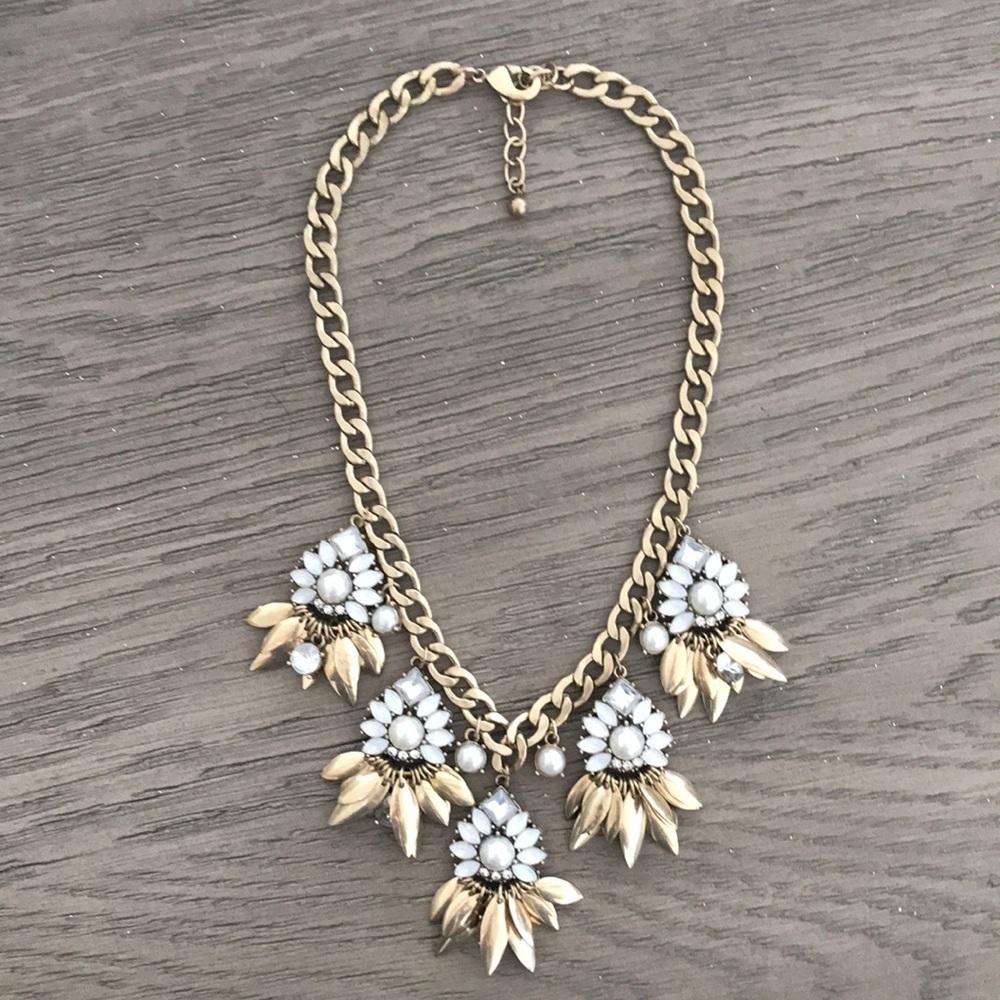 Gold Tone White Jeweled Floral Statement Necklace